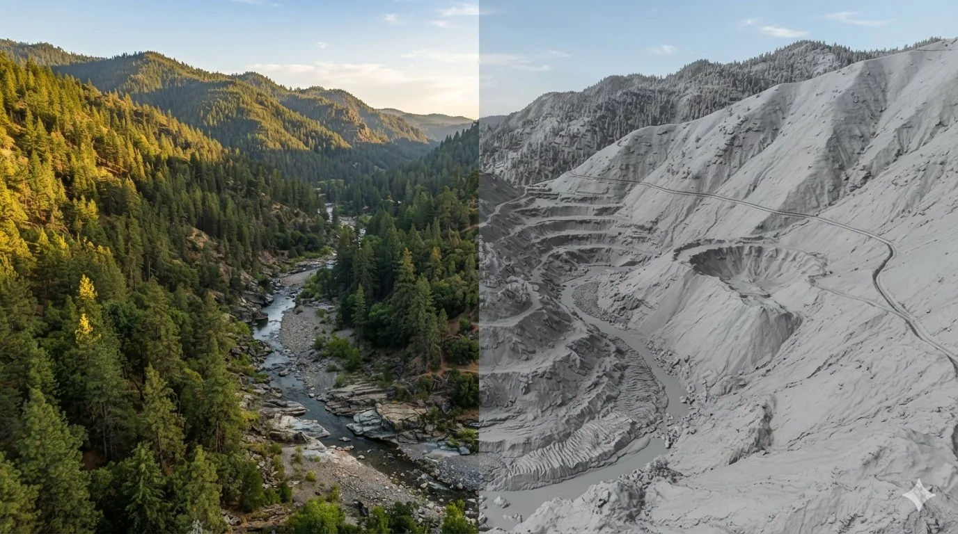 Forested canyon beside the same ground as bare earth LiDAR hillshade