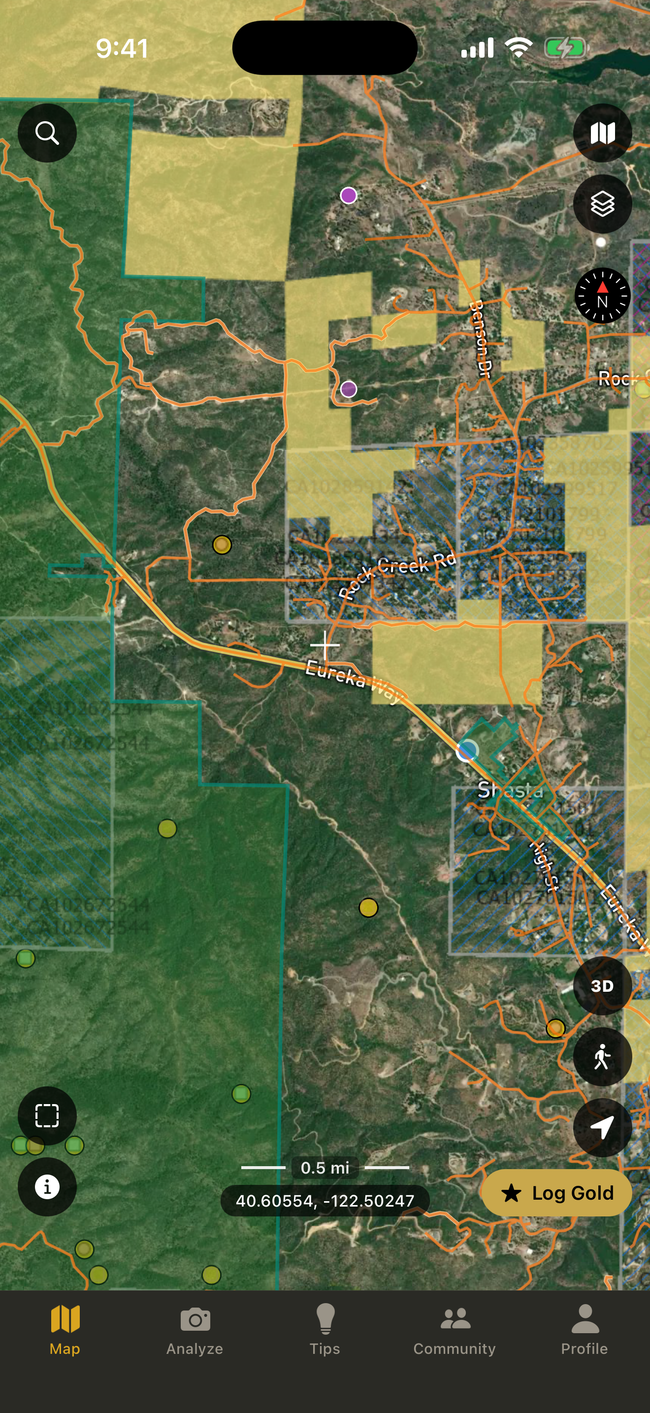 Map screen with satellite view and prospecting layers