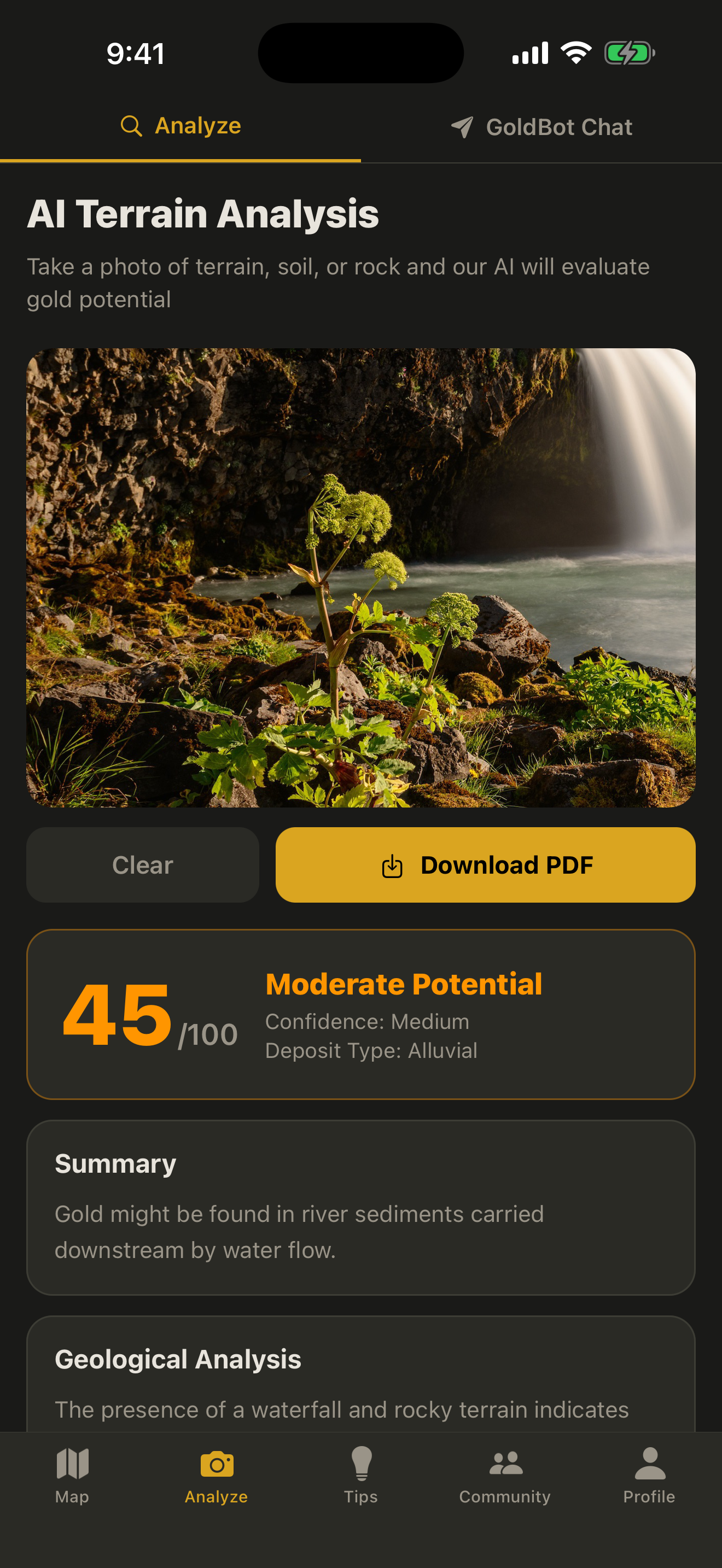 AI terrain analysis result with gold probability score