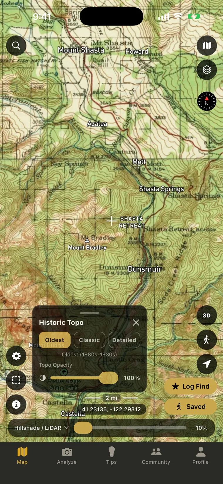 A scanned historic USGS topographic sheet drawn over the map, with the era band picker open showing the oldest, classic and detailed options