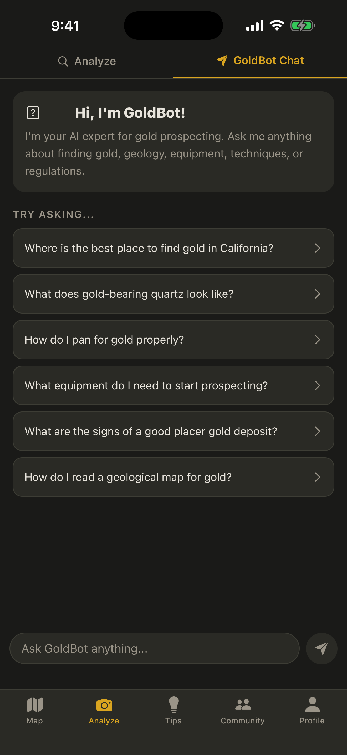 GoldBot AI prospecting assistant chat