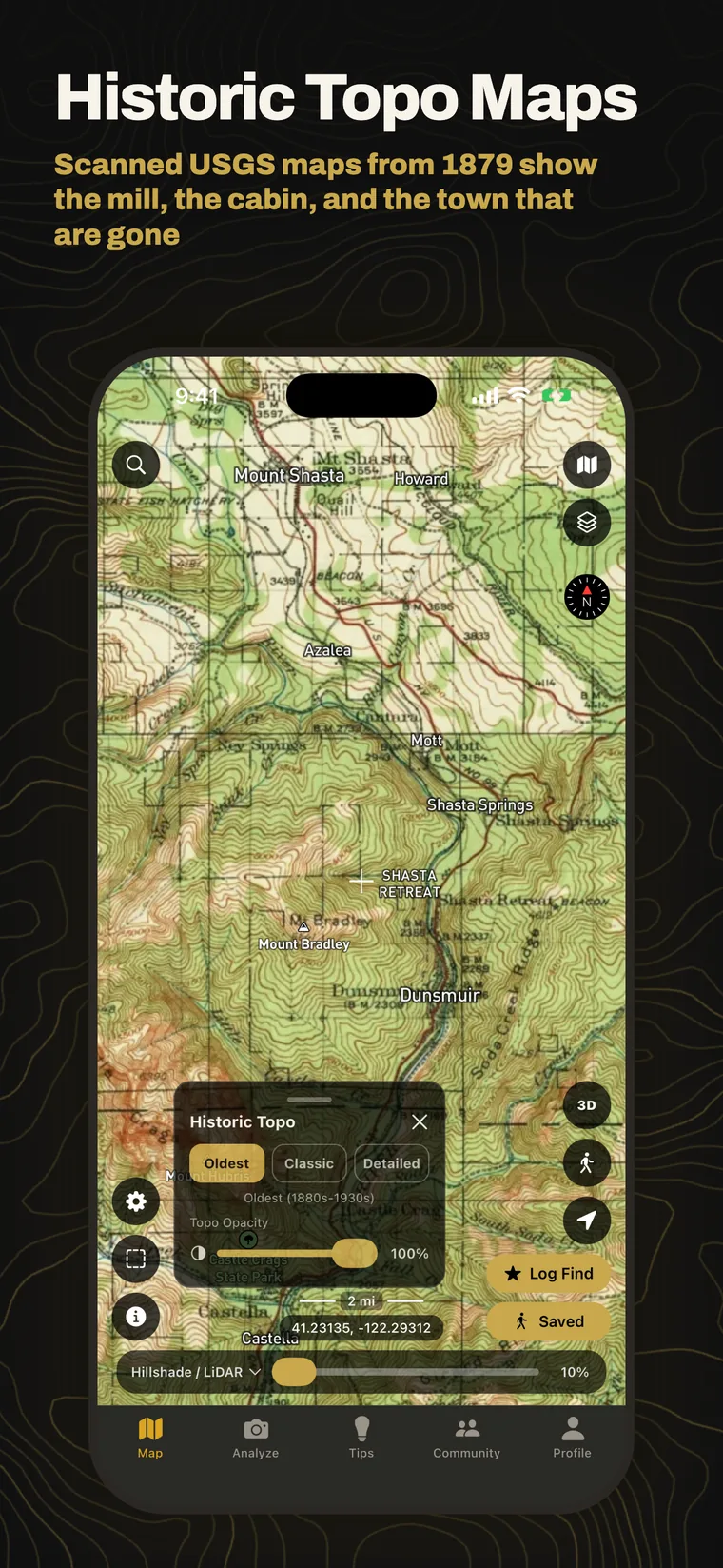 Historic topo maps: scanned USGS maps from 1879 show the mill, the cabin, and the town that are gone