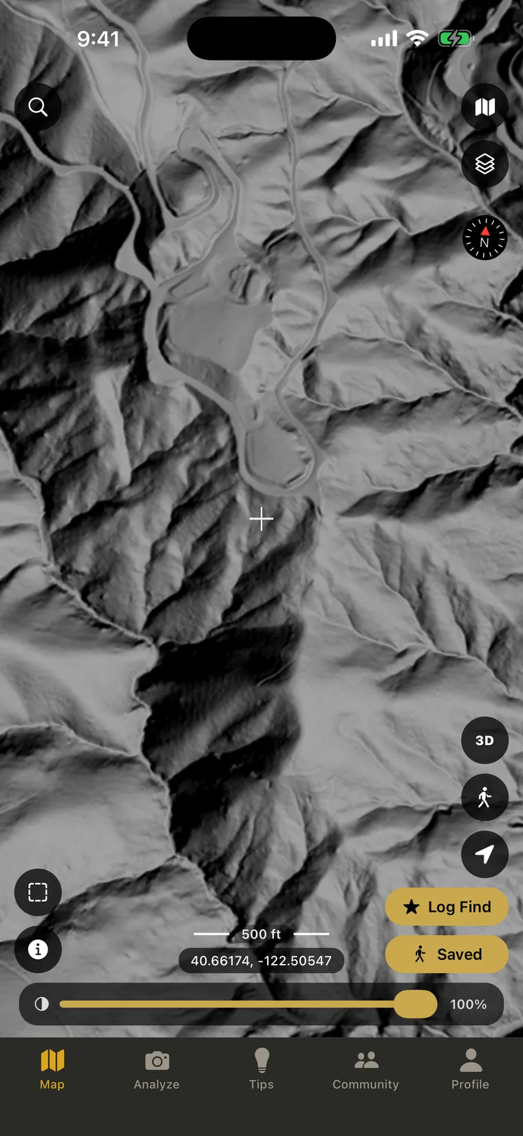 Bare earth lidar hillshade over steep terrain, with the canopy stripped away and drainages and benches visible as shapes in the ground