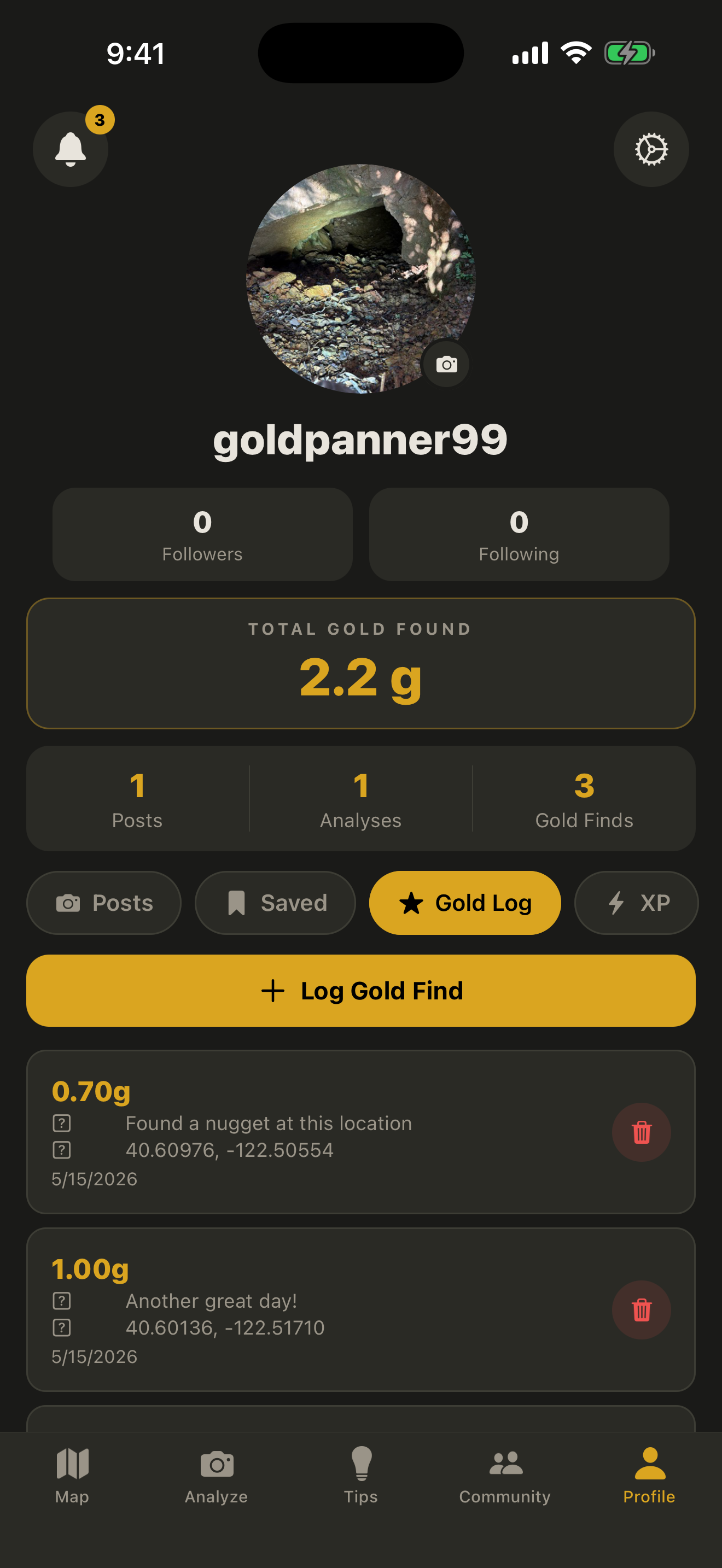 Private gold log tracking weight and location
