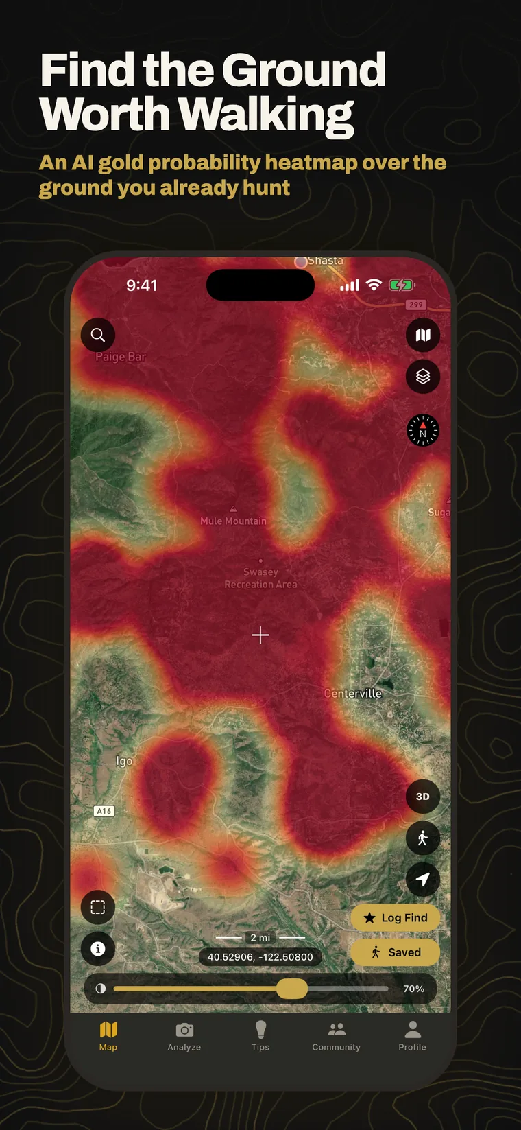 Find the ground worth walking: an AI gold probability heatmap over the ground you already hunt