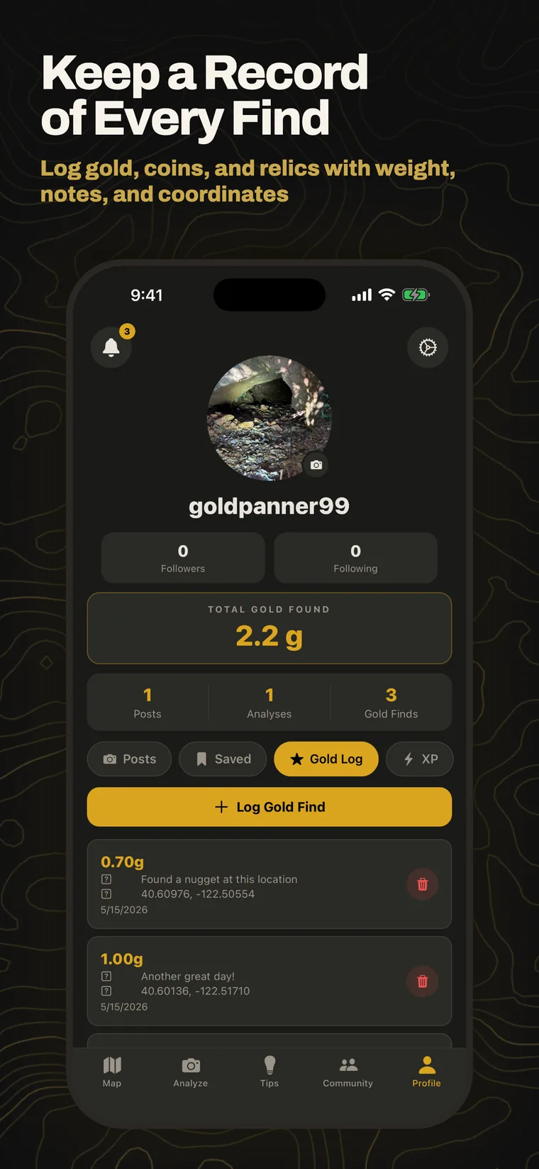 Keep a record of every find: log gold, coins, and relics with weight, notes, and coordinates