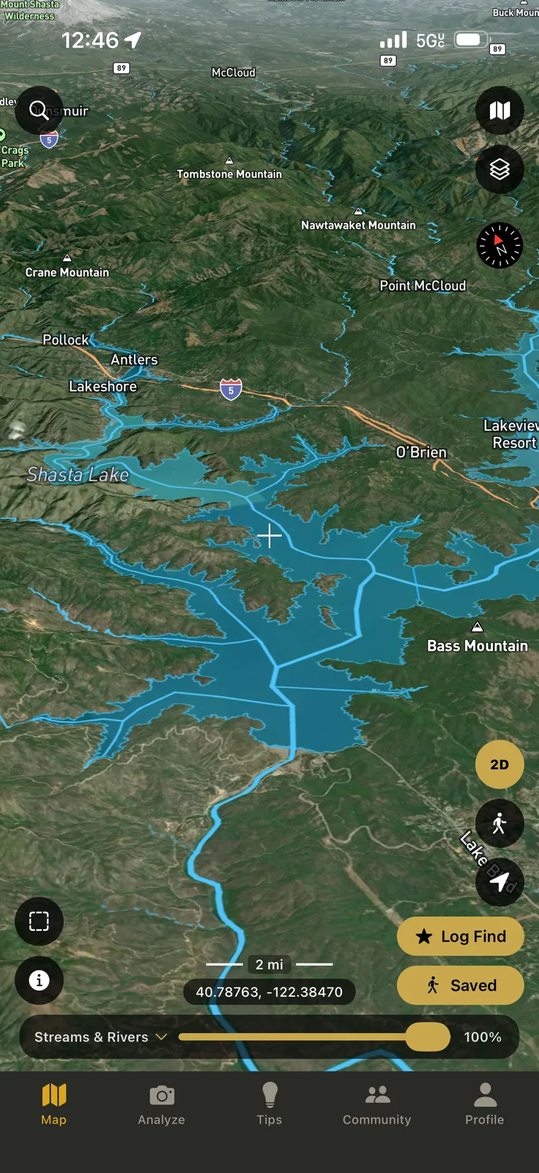Shasta Lake seen in tilted 3D over satellite imagery, with stream and river channels drawn through the reservoir pool and up each of its arms
