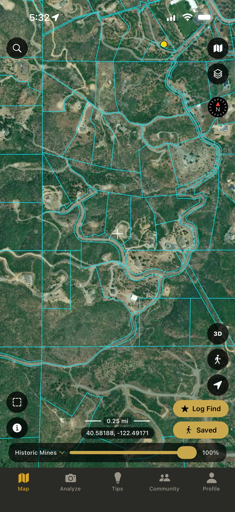 Parcel boundaries drawn over satellite imagery on rural ground west of Redding, California, with individual lots and their access roads clearly separated