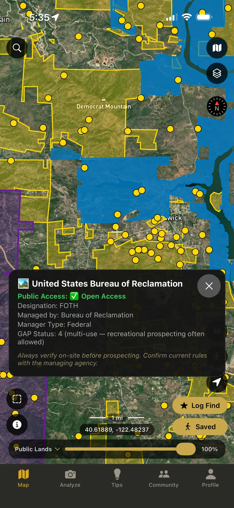 Public land unit boundaries near Keswick, California, colour coded by managing agency, with a unit detail open showing that the area is open to public access and managed by the Bureau of Reclamation