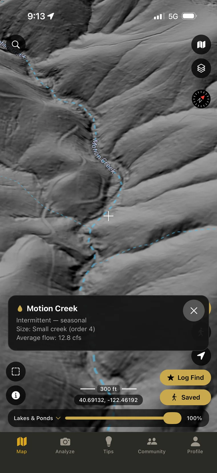 A creek traced across bare earth lidar with its detail sheet open, naming the creek, its flow regime, its size class and its average annual flow in cubic feet per second