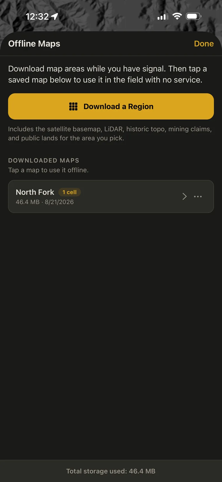 The Offline Maps panel with the Download a Region button, and saved maps listed below it