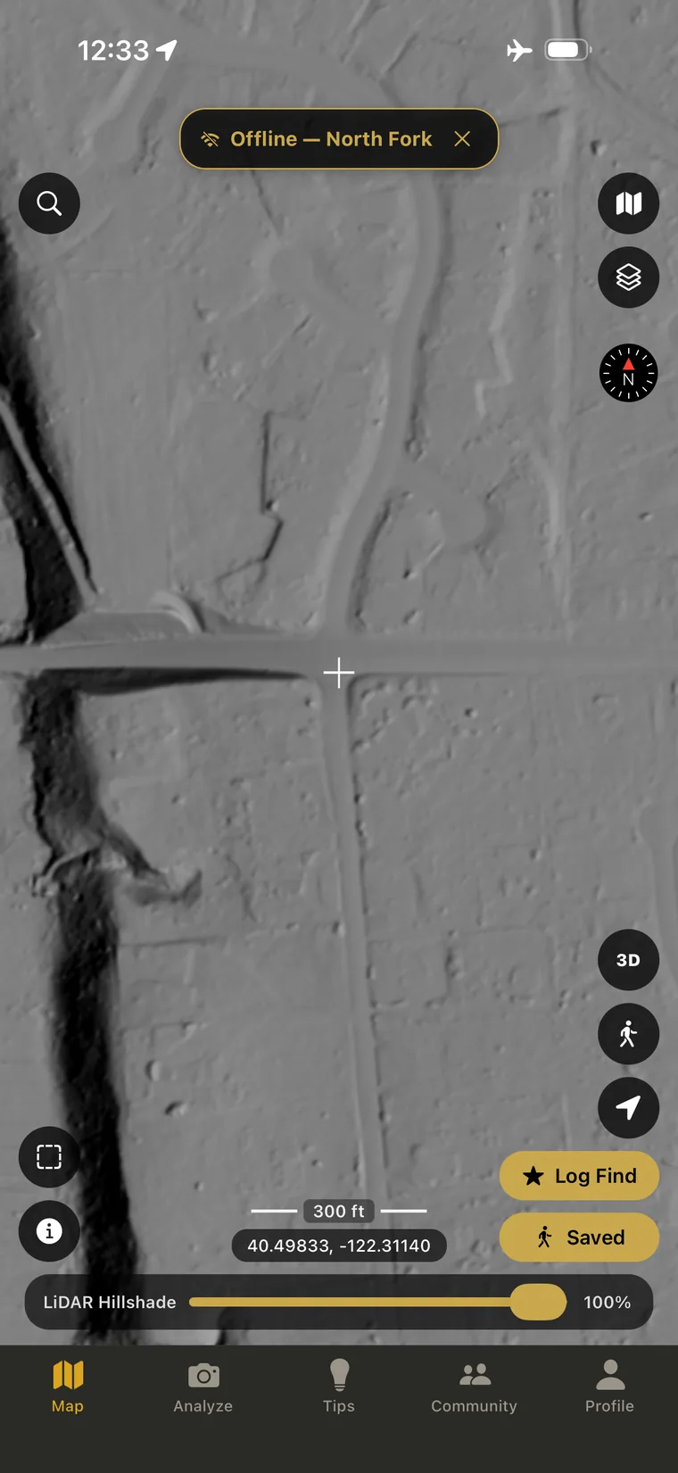 The map in offline mode over LiDAR hillshade, with a banner reading Offline, North Fork, and the phone in airplane mode